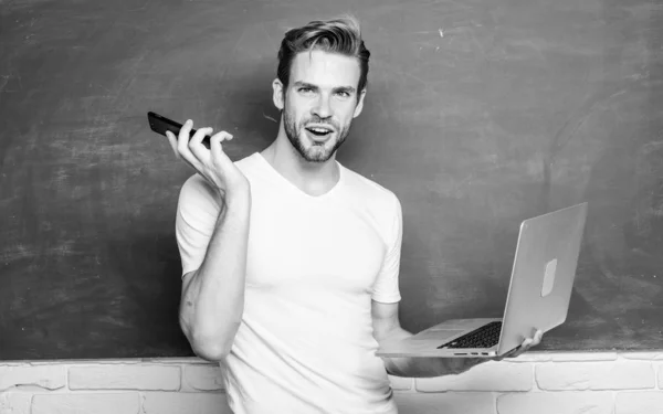 Online communications. School teacher with laptop. Digital technology. Digital sciences. Programming web development. Advantage mobile internet. Handsome man use modern technologies. Digital concept — Stock Photo, Image