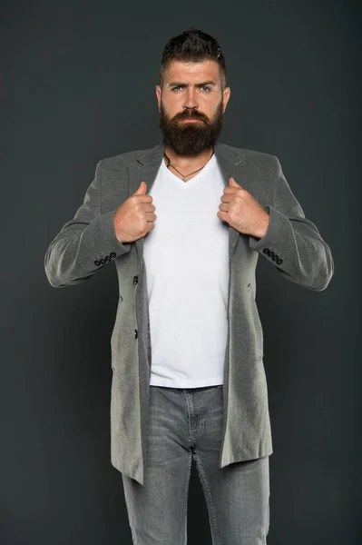 Jacket makes man look more elegant. Businessman or business man. Bearded man in fashion style. Unshaven man with beard and mustache hair. Business lifestyle — Stock Photo, Image