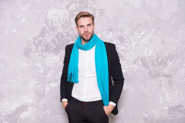Stylish and confident. Confident businessman abstract background. Handsome man keep hands in pockets. Confident look of fashion guy. Fashion and style. Feeling confident at every occasion
