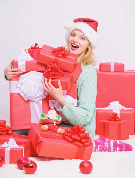 Perfect gift for girlfriend or wife. Opening christmas gift. Santa bring her gift that she always wanted. Girl near christmas tree happy celebrate holiday. Woman excited blonde hold gift box with bow