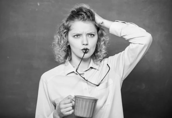 Fresh coffee. school teacher need coffee break. good morning. girl refreshing with tea drink. idea and inspiration. energy and vigor. energy charge. woman with coffee cup at blackboard — Stock Photo, Image