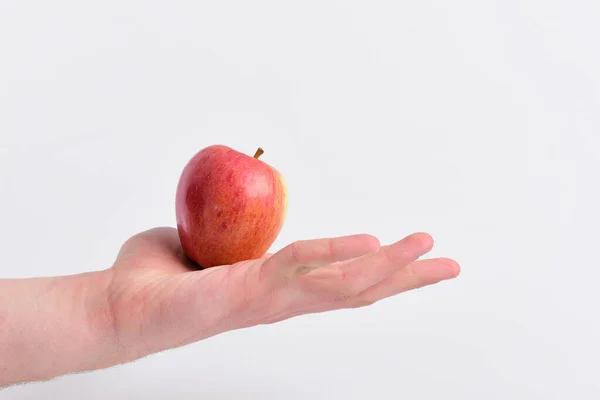 Male hand holds light red apple. Apple in juicy color — Stock Photo, Image