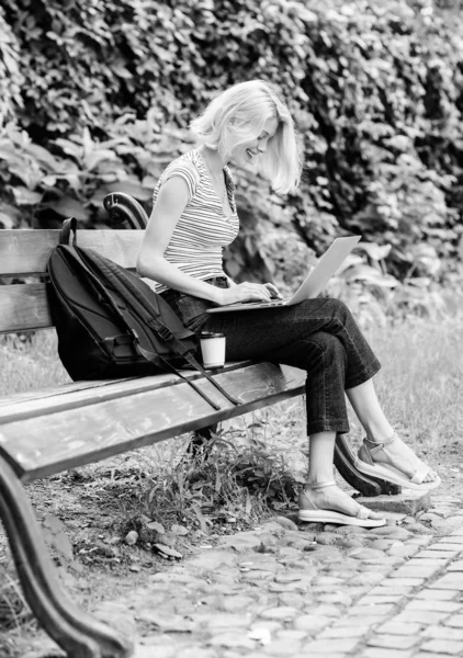 Study outdoors. Modern student life. Regular student. Surfing internet. Girl adorable student with laptop and coffee cup sit bench in park. Woman student work with notebook. Learn study explore — Stock Photo, Image