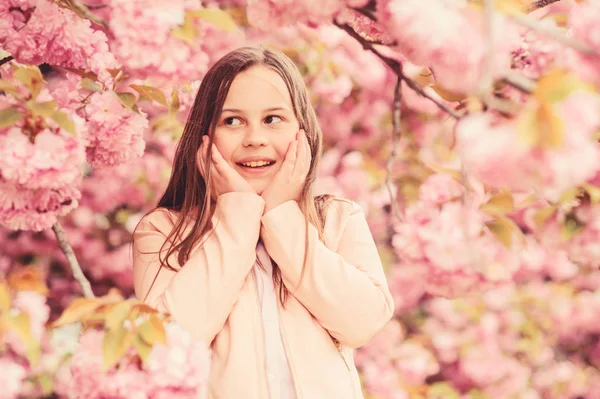 アレルギー治療。花を嗅ぎまわって花の香りを楽しむ女の子。花粉アレルギーの概念。子供は桜を楽しんでください。ピンクの花桜の背景に子供。子供はアレルギーのない生活を楽しむ — ストック写真