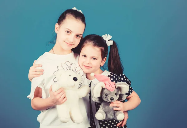 Kids adorable cute girls play with soft toys. Happy childhood. Child care. Sisters or best friends play. Sweet childhood. Childhood concept. Preparing for life. Toys store. Love and friendship — Stock Photo, Image