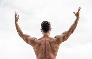 Başarıyı kutlayan adam. Bodybuilder güçlü kas vücut güçlü ve üstün arka görünüm hissi. Başarıya ulaşmak. Harika bir şekil. Başarılı atlet. Zafer ve başarı. Şampiyon ve kazanan kavramı