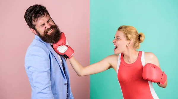 Some call them opponents. knockout punching. who is right. win the fight. Strength and power. family couple boxing gloves. problems in relationship. sport. bearded man hipster fighting with woman — Stock Photo, Image