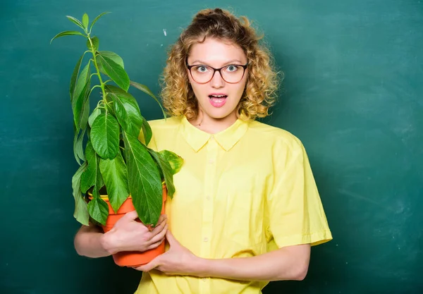 Explore. school nature study. environmental education. teacher woman in glasses at biology lesson. tree of knowledge. surprised student girl with plant at blackboard