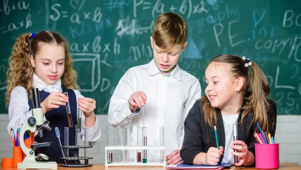 Las niñas y los niños estudiantes realizan experimentos escolares con líquidos. Laboratorio escolar. Los alumnos de la escuela grupal estudian líquidos químicos. Lección de química escolar. Tubos de ensayo con sustancias. Educación formal — Foto de Stock