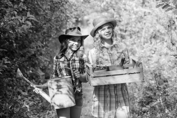 在绿色环境中工作。村里的小女孩农民。孩子们拿着园艺工具。农业和农业。地球日。生态和自然保护。夏季家庭农场。弹簧乡边 — 图库照片