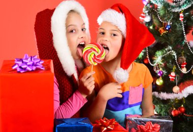 Kızlar Noel 'i birlikte kutlar. Noel şapkalı kız kardeşler