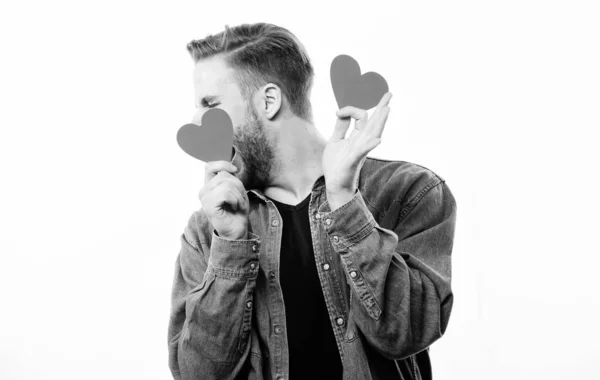 Romantic symbol. Romantic macho. Guy well groomed hold heart white background. Man with beard celebrate valentines day. Love and romantic concept. Ideas for romantic celebration valentines day