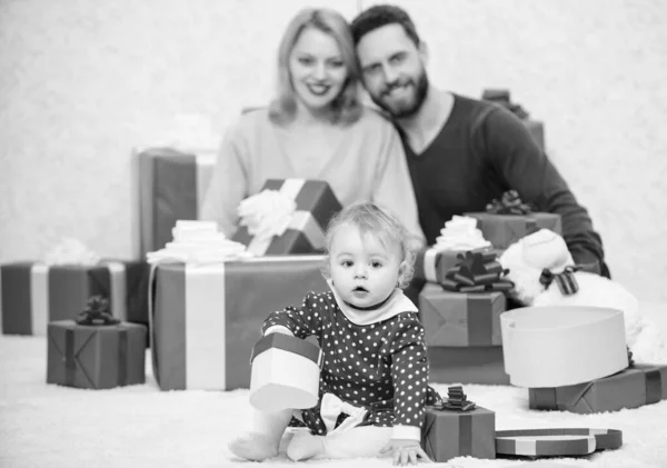 Perfect celebration. Valentines day. Red boxes. Love and trust in family. Bearded man and woman with little girl. father, mother and doughter child. Shopping online. Happy family with present box