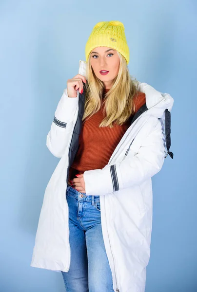Winter holidays. girl in beanie hat. faux fur fashion. flu and cold. seasonal fashion. woman in padded warm coat. beauty in winter clothing. cold season shopping. happy winter holidays. New year