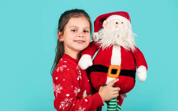 Be positive. merry christmas. ready for xmas party. happy winter holidays. greeting and congratulation. small santa helper. cheerful kid hold new year present. gift toy and parcel delivery — Stock Photo, Image