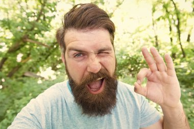 Yaz eğlencesi. Park ormanındaki sakallı adam. Sakallı hipster. Uzun sakallı duygusal yüzü olan Hipster doğa geçmişini yakından takip edin. Doğal ortamda çılgın sakallı olgun adam. Acımasız erkek eğlence