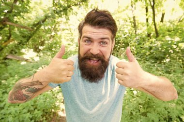 Yaz eğlencesi. Park ormanındaki sakallı adam. Sakallı hipster. Doğal çevrede çılgın sakallı adam. Uzun sakallı duygusal yüzü olan Hipster doğa geçmişini yakından takip edin. Çılgına dön. Saç bakımı erkek güzelliği