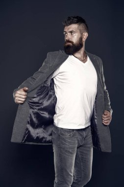 Havalı bir dokunuş ekliyorum. Modaya uygun gri arka plan. Moda modelinin modaya uygun görünüşü. Sakallı adam modaya uygun kıyafetler giyer. Moda ve tarz eğilimleri, klasik filtre