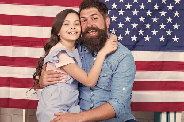 United we stand. United family. Happy family celebrating independence day of the united states. Father and little daughter enjoying unity and love. United in what they believe