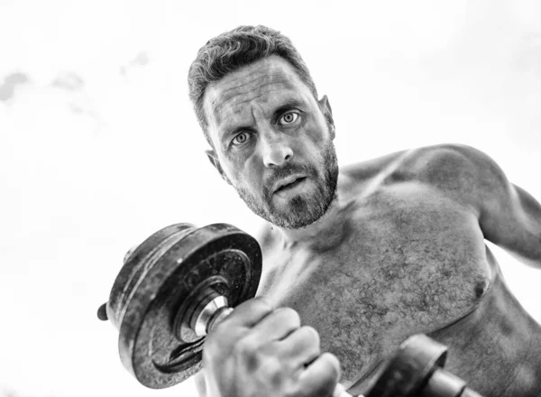 Estilo de vida deportivo. El éxito es la elección. Ganar es un hábito. Gimnasio maniquí. Hombre musculoso haciendo ejercicio con mancuerna. Deportista con torso fuerte. Equipamiento deportivo. Fitness y musculación deporte —  Fotos de Stock