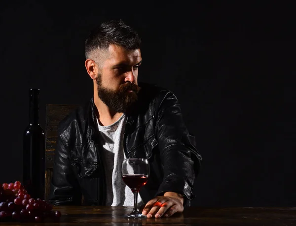 Degustator z zainteresowaną twarzą siedzi przy butelce wina i winogron — Zdjęcie stockowe