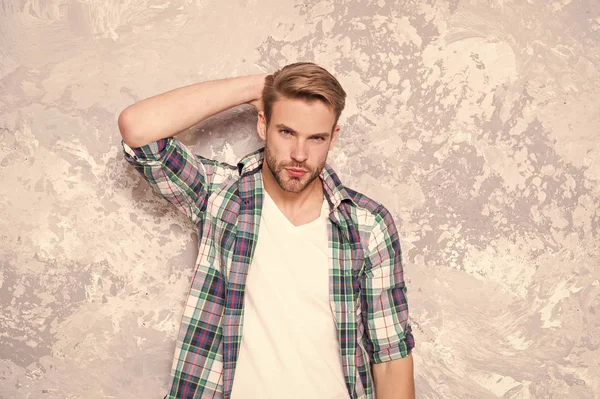 Being a man. male fashion summer trends. confident student checkered shirt. unshaven man care skin and beard. barbershop concept. mens sensuality. sexy guy casual style. macho man grunge background — Stock Photo, Image