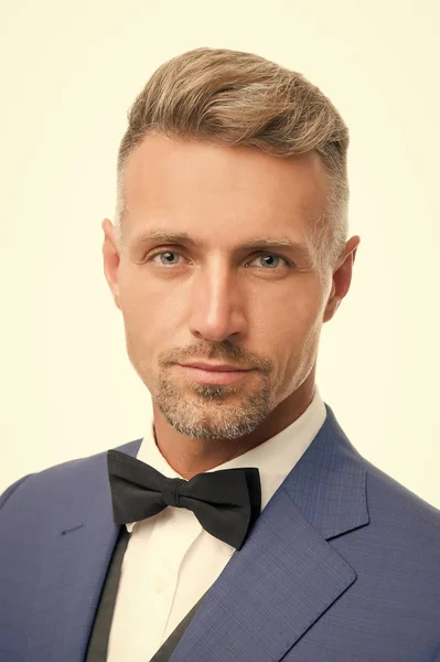 Proper bow tie. Gentleman modern style. Guy well groomed bearded gentleman wear tuxedo. Barber shop concept. Radiating confidence Elegant gentleman. Fashion accessory. Handsome guy close up — Stock Photo, Image