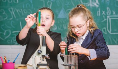 Kızlar okul üniforması onların hipotez kanıtlayan heyecanlı. Üstün yetenekli çocuklar için okul. Spor salonu öğrencileri derinlik çalışmada, Doğa Bilimleri ile. Okul projesi araştırma. Okul deney