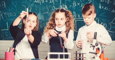 Okul laboratuarı. Grup okulu öğrencileri kimyasal sıvılar üzerinde çalışıyor. Okul kimya sı dersi. Maddelerle test tüpleri. Örgün eğitim. Kız ve erkek öğrenci sıvıile okul deneyi yapmak