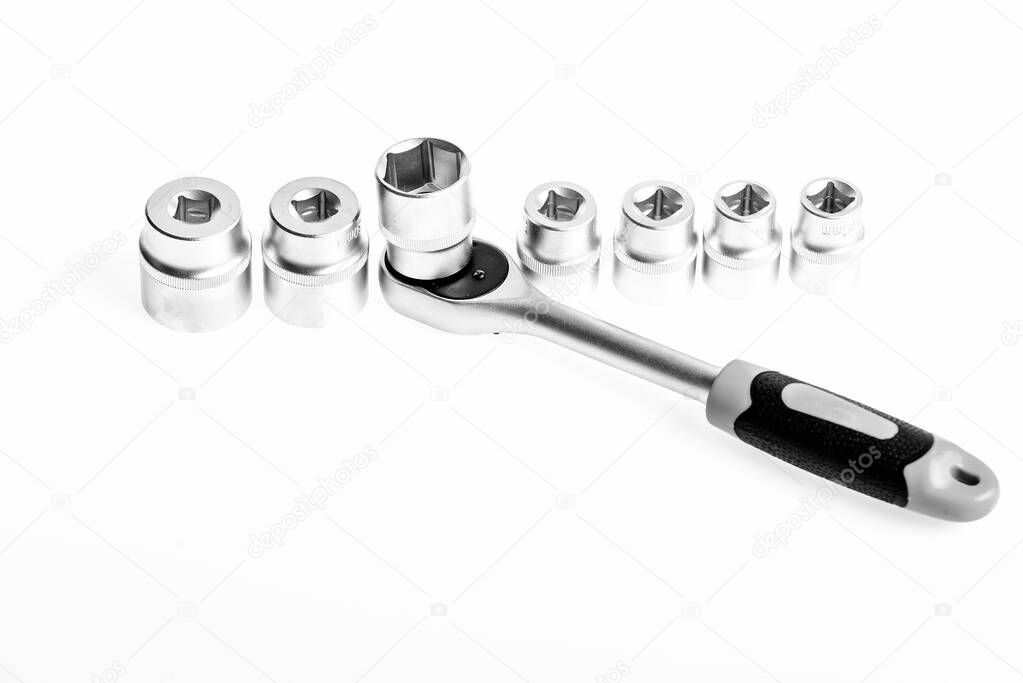 Our troubleshooting means no trouble for you. multi purpose tool kit. Chrome Vanadium Steel. metallized fix equipment. socket wrench isolated on white background. Iron tools set. copy space