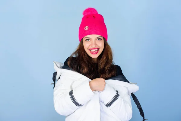 Girl wear white jacket. Fancy stylish winter clothes. Jacket has extra insulation and slightly longer fit to protect your body from sharp winter weather. Not every jacket is ideal for every climate — Stock Photo, Image