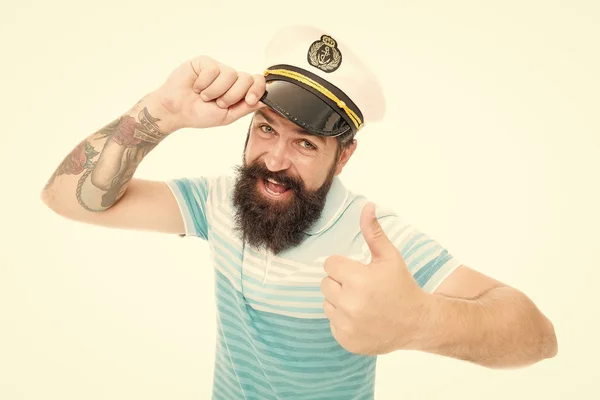 Brutal seaman isolated on white. Captain concept. Welcome aboard. Bearded man captain of ship. Sea cruise. Travel concept. Summer vacation. Hipster beard mustache sailor hat. Captain of cruise liner — Stock Photo, Image