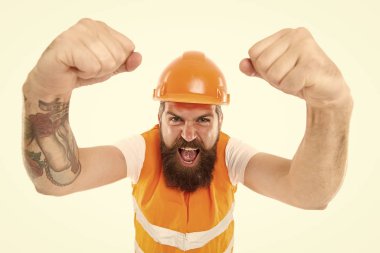 Evet yapabiliriz. Adam mühendis koruyucu üniforma beyaz arka plan. Mühendislik kariyer konsepti. Mimar inşaat mühendisi. İnşaat endüstrisi için güvenlik giyim. Sakallı acımasız hipster güvenlik mühendisi