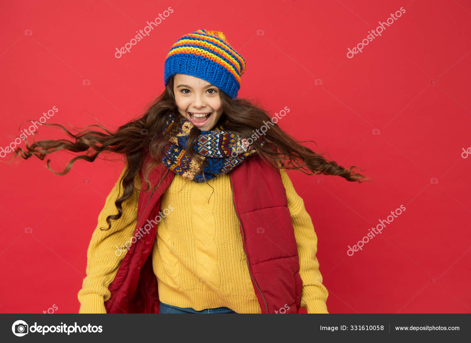 I Just Let My Hair Go Happy Child With Long Hair Small Girl Wear Warm Hat