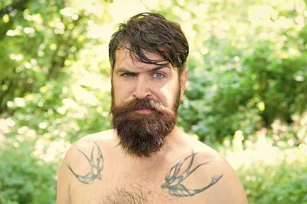 The masculine nature. Masculine guy with tattoo on shoulders on summer landscape. Bearded man shirtless with masculine look outdoor. Hipster with long beard and mustache in sexy masculine style
