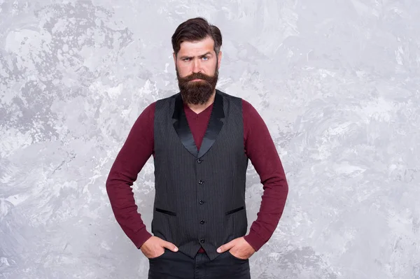 Perfect male. stylish well-trimmed mustaches looking good. Bearded hipster formal outfit. Vintage barber hairdresser. Male fashion and beauty. Confident guy at beauty salon. brutal man mustache — 스톡 사진