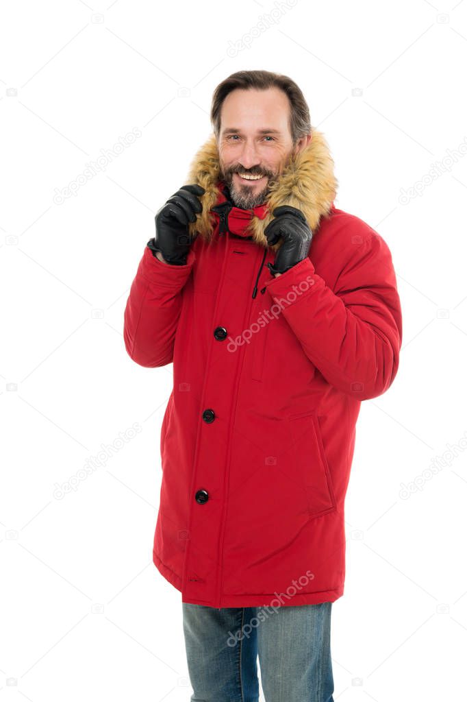 Masculine hobby. Comfortable outfit. Mature man warm jacket white background. Exploration of polar regions. Winter destinations. Winter fishing. Polar explorer. Winter menswear. Winter outfit
