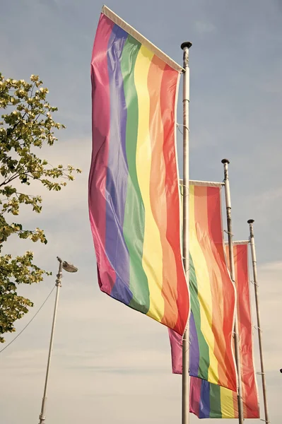 Život se zlepší. Vlajky Lgbt se vlní na obloze. Duhové vlajky. Symbol komunity Lgbt. Lesba a gay. Bisexuální a transgender. Teplouš. Sociální hnutí Lgbt práv. Měsíc hrdosti Lgbt — Stock fotografie