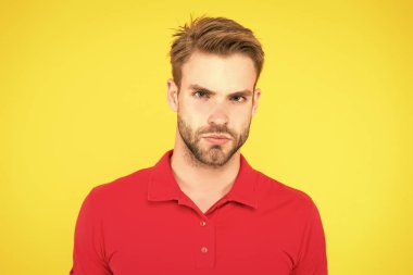 Sert bir bakış. Yakışıklı, tıraşsız bir yüz ve şık saçlar. Sarı arka planda beyaz bir adam. Sıradan görünümlü sakallı adam. Yakışıklı bir erkek portresi. Yüz kılı ve cilt bakımı konsepti. Yakışıklı surat.