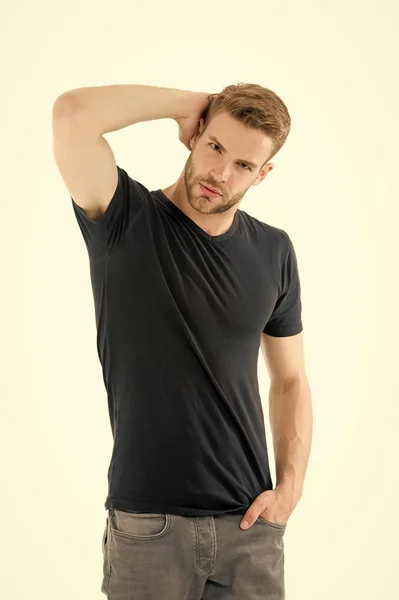 Perfection. male fashion. sexy man isolated on white background. unshaven muscular man. handsome macho. male fashion and beauty. barbershop. guy in black shirt. casual style. Black fashion trend — Stock Photo, Image