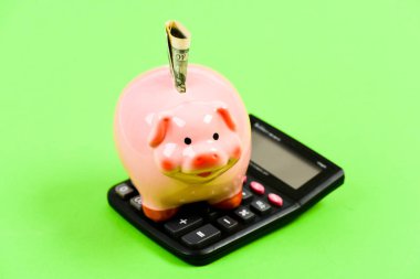 Tasarruf. Tasarruf depozitosu tasarruf etmek için uygun esnek bir yoldur. Ekonomi ve finans. Piggy Bank Pembe Domuz dolar banknot ve hesap makinesi doldurdu. Finansal refah. Tasarruf hesabı