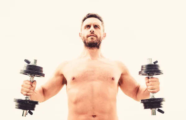 Gimnasio maniquí. Hombre musculoso haciendo ejercicio con mancuerna. El precio de la grandeza es responsabilidad. Deportista con torso fuerte. Equipo de gimnasia. Fitness y musculación deportiva. Concepto de entrenamiento de gimnasio — Foto de Stock