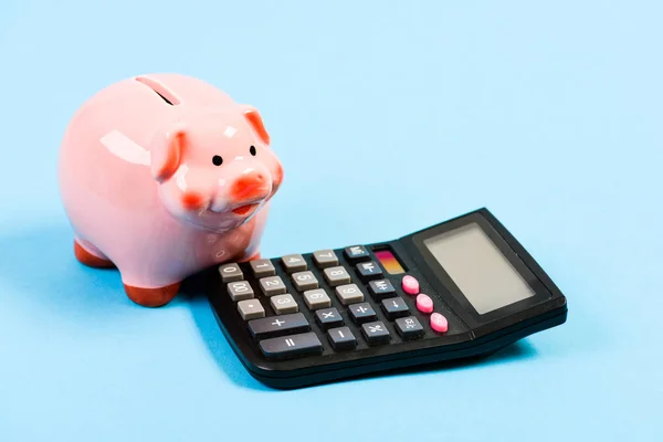 Piggy τράπεζα σύμβολο της αποταμίευσης χρημάτων. Υπηρεσίες λογιστικής. Λογιστικές δουλειές. Λογιστικό λογισμικό. Οικονομικά και επενδύσεις. Πίγκυ τράπεζα ροζ γουρούνι και αριθμομηχανή. Λογιστική και οικογενειακός προϋπολογισμός — Φωτογραφία Αρχείου