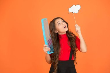 İletişim. Karışık saç. İlham saç stili yaratır. Saç için fikir. Sinir bozucu karışıklıklardan kurtul. Uzun saçlı kız tarak ve konuşma baloncuğu tutuyor. Kuaför salonu. Savaş saçı. Biçim ipuçları