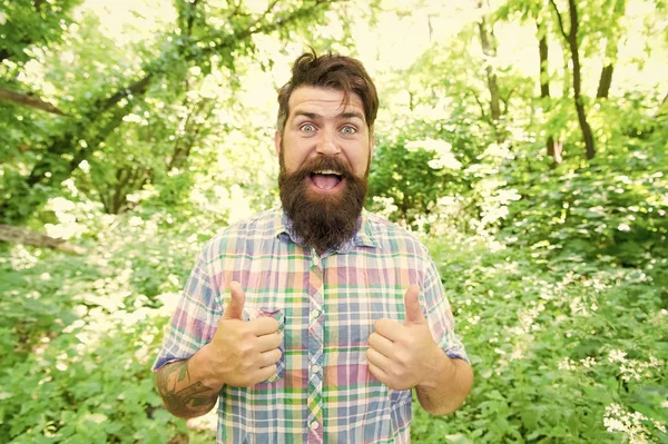 Bara ge tummen upp. Lycklig kille gest tummen UPS på sommaren landskap. Hipster med mustasch och skägg som förlänger händerna med tummen UPS-skylt. Skäggiga mannen leende med tummen UPS — Stockfoto