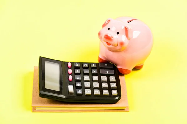 Planning counting budget. Commerece business. bookkeeping. financial report. money saving. Accounting and payroll. capital management. moneybox with calculator. Piggy bank. Payment — Stock Photo, Image