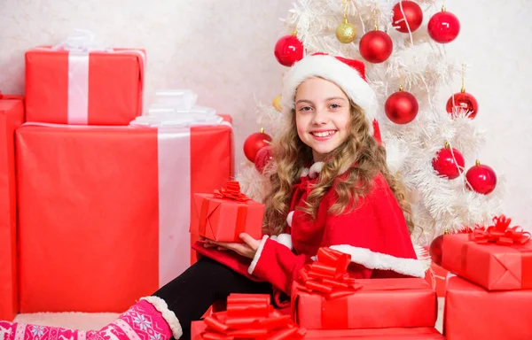 Kid happy with christmas present. Dreams come true. Happy new year concept. Unpacking christmas gift. Winter holiday tradition. Girl celebrate christmas open gift box. Opening christmas gift — 스톡 사진