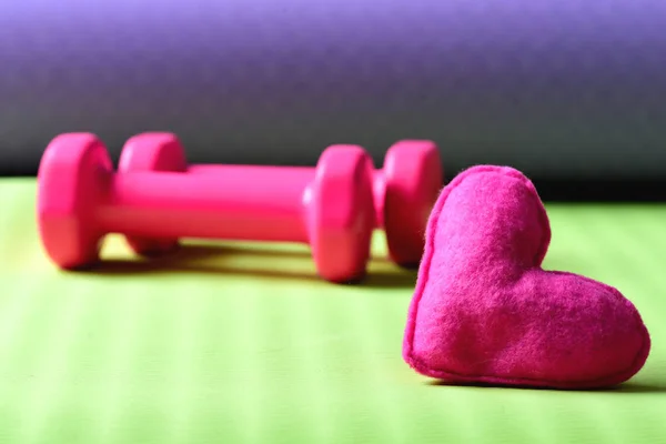 Halteres na cor rosa ao lado de coração de brinquedo macio — Fotografia de Stock