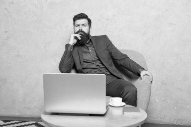 Çevrimiçi olmak. İşletme koçu online. Yetişkinler internet kursları ya da webinar aracılığıyla öğreniyor. İnternette çalışan sakallı adam.