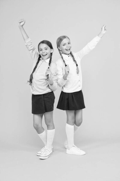 Friendly relationship. Friendship goals. Cute school girls classmates. My dear friend. First school day. Sisterhood and friendship. Cheerful mood concept. School friendship. Support and friendship